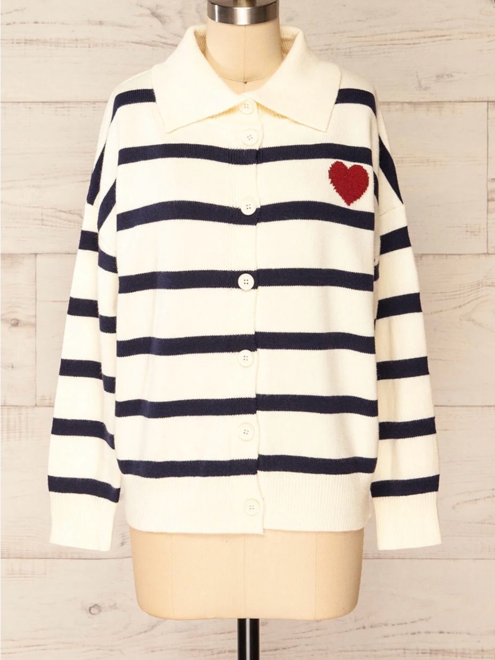 Molly Bracken Cream cardigan with navy horizontal stripes.